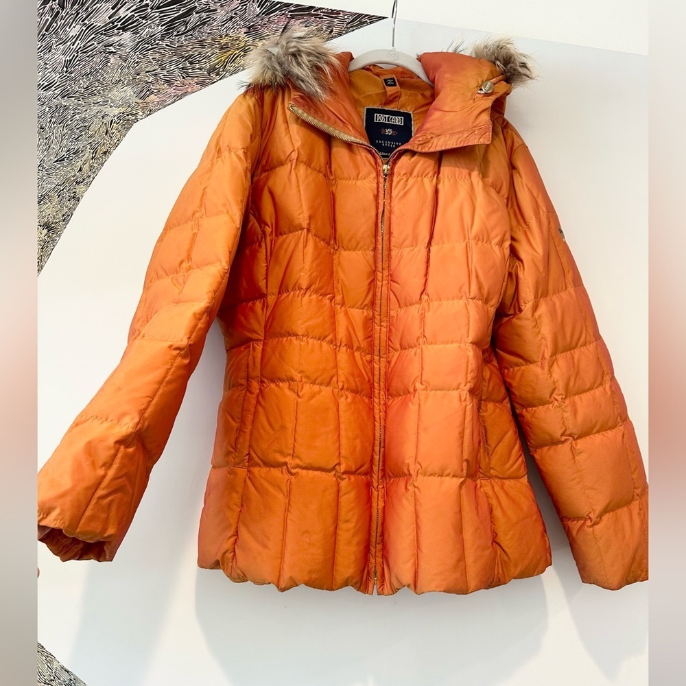 Post Card orange iridescent puffer winter coat fur lined hood Bero Piumino 12